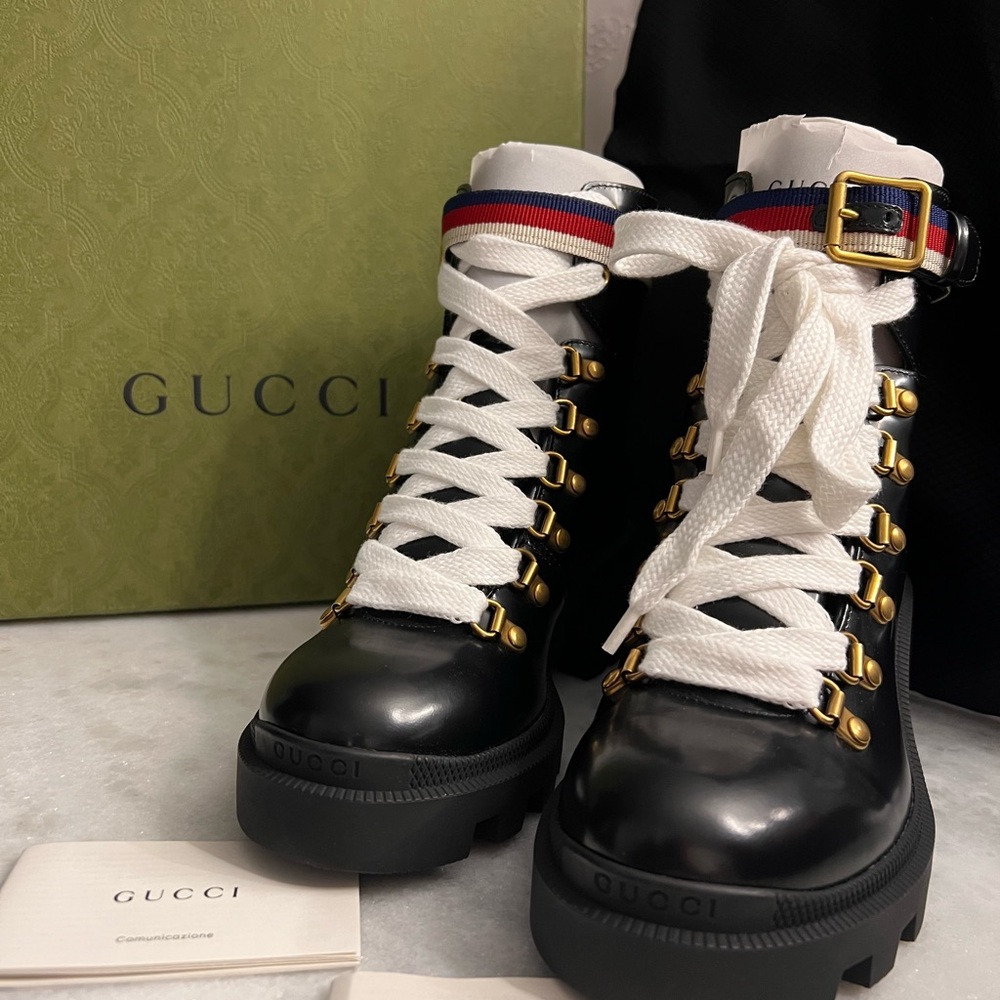 Gucci New in Box Sylvie Web Accent Leather Black Lace Up Combat Boots  US 6.5